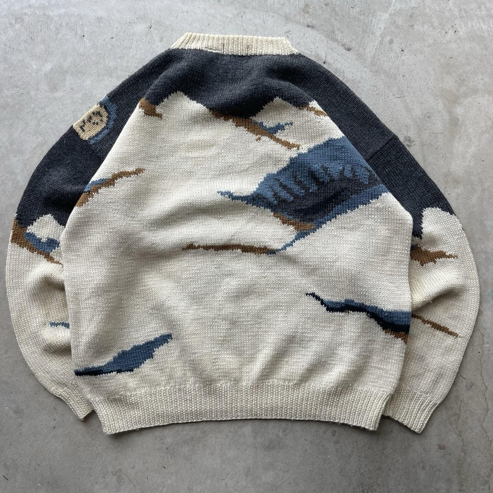 Vintage Willis & Geiger HandKnit Sweater Wool Wolf Animal AOP Coastal Mens L - Picture 6 of 8